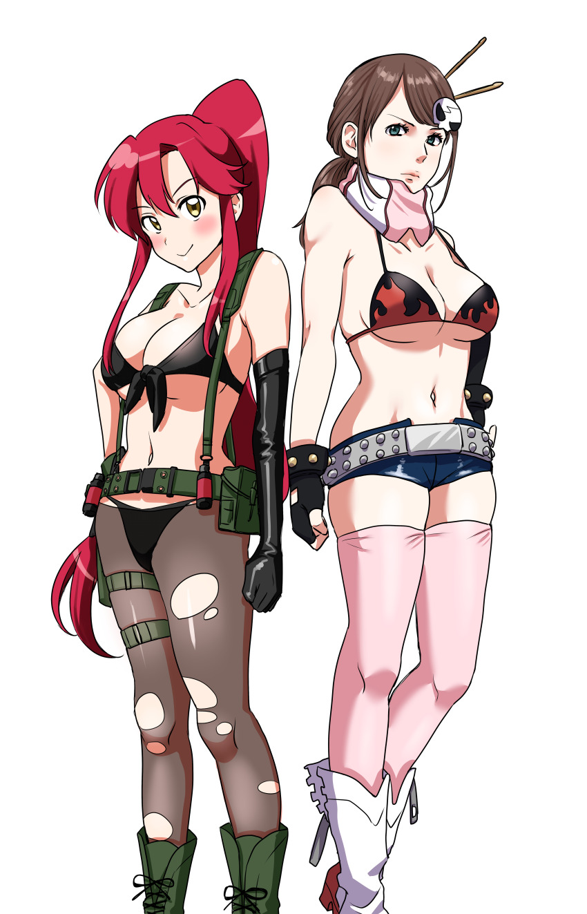 2girls, absurdres, bikini, blue_eyes, boots, breasts, brown_hair, combat_boots, crossover, gloves, highres, large_breasts, metal_gear_(series), metal_gear_solid_v:_the_phantom_pain, multiple_girls, navel, pale_skin, pantyhose, pink_thighhighs, quiet_(metal_gear), red_hair, sato_(99yen_kin'itsu), scarf, short_shorts, shorts, suspenders, swimsuit, tengen_toppa_gurren_lagann, thighhighs, torn_clothes, torn_pantyhose, trait_connection, underboob, yellow_eyes, yoko_littner