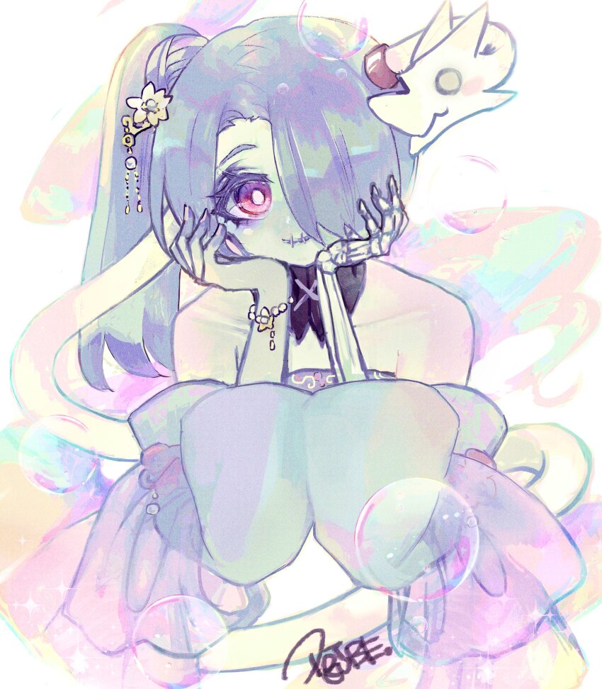 1girl, absurdres, alternate_costume, blue_hair, blue_skin, bracelet, bright_pupils, colored_skin