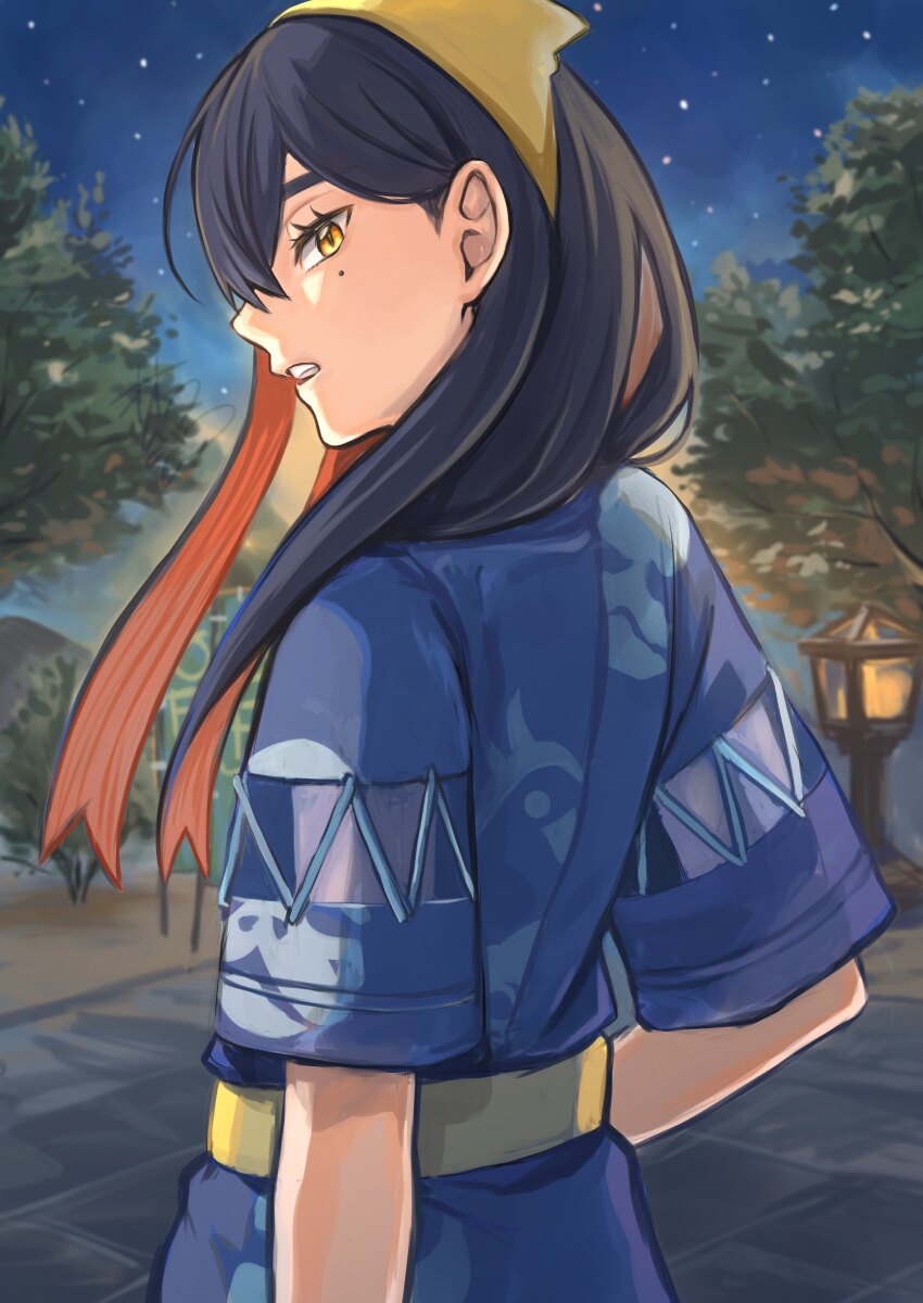 1girl, absurdres, belt, black_hair, blue_shirt, carmine_(pokemon), commentary_request, eyelashes