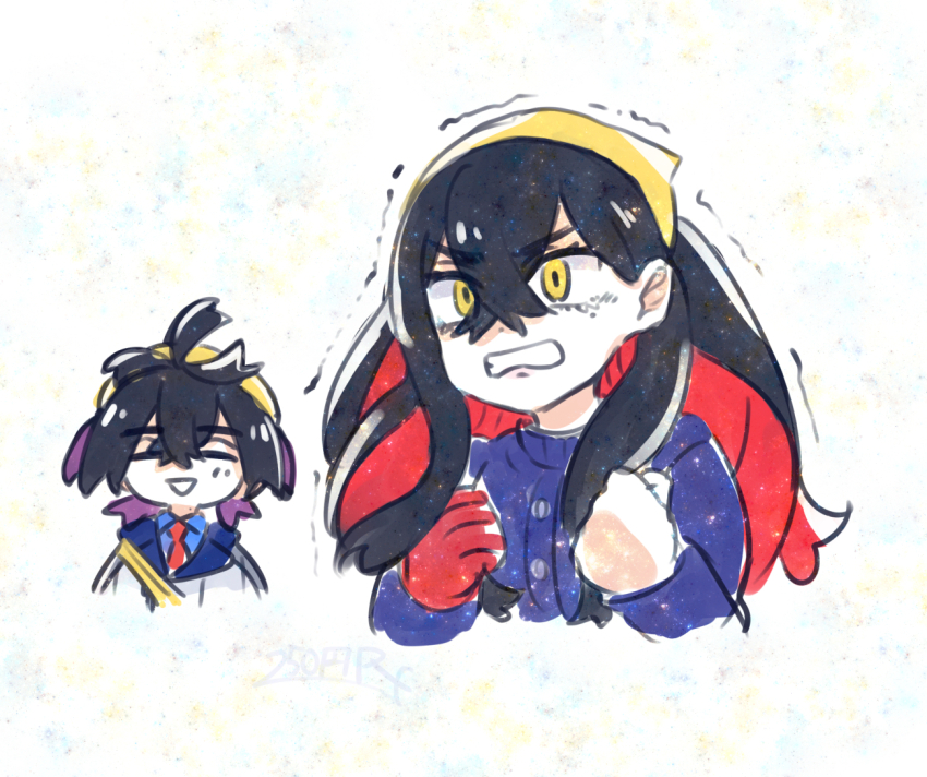 1boy, 1girl, 250en_remon, black_hair, blue_jacket, brother_and_sister, buttons, carmine_(pokemon)