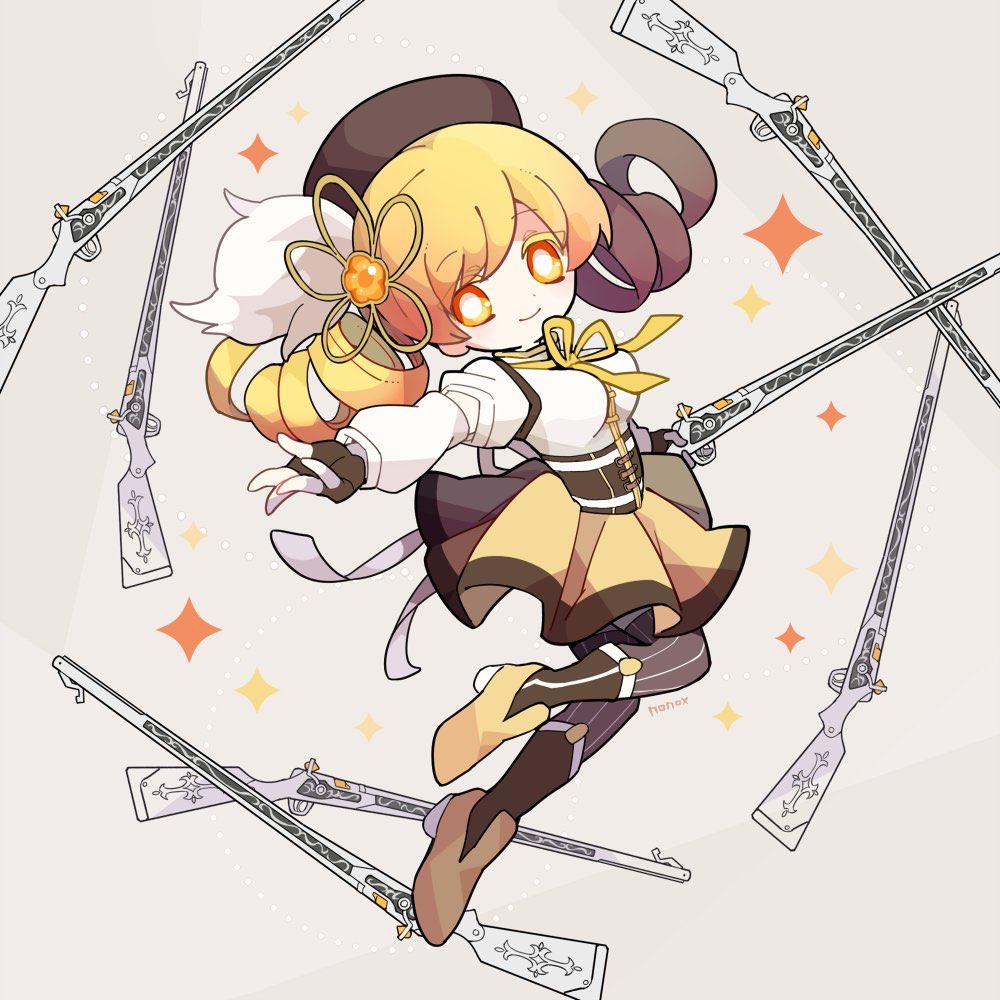 1girl, artist_name, back_bow, beret, blonde_hair, boots, bow, brown_boots