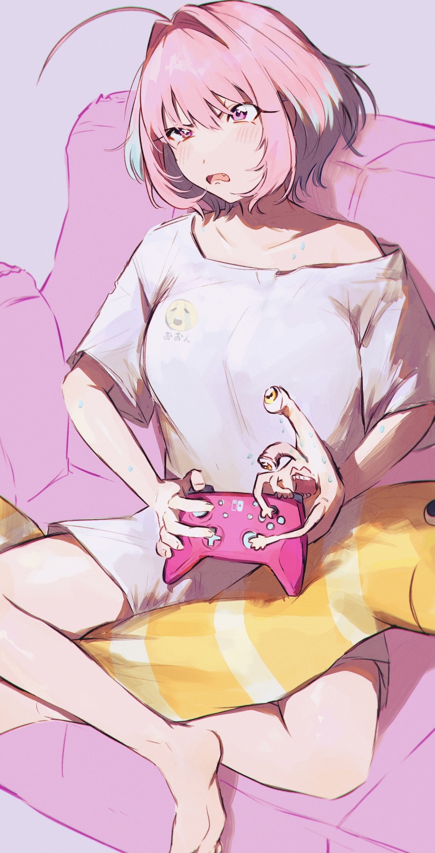 1girl, absurdres, ahoge, armored_core_grip, barefoot, collarbone, controller, couch, crossover, crying_emoji, emoji, fang, feet, foot_out_of_frame, frown, game_controller, hair_between_eyes, hair_intakes, hamachamu, highres, holding, holding_controller, holding_game_controller, idolmaster, idolmaster_cinderella_girls, indian_style, kiseijuu, migi_(kiseijuu), multicolored_hair, nervous_sweating, nintendo_switch_pro_controller, no_pants, on_couch, open_mouth, pink_eyes, pink_hair, print_shirt, shirt, short_sleeves, single_bare_shoulder, sitting, soles, sweat, thighs, two-tone_hair, v-shaped_eyebrows, white_shirt, yellow_eyes, yumemi_riamu