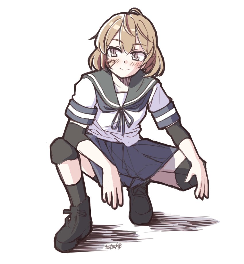 1girl, ahoge, bandaid, bandaid_on_face, bike_shorts, black_boots, black_skirt, black_socks, blonde_hair, blue_sailor_collar, blush, boots, closed_mouth, commentary_request, elbow_pads, full_body, grey_eyes, highres, kantai_collection, knee_pads, light_brown_hair, oboro_(kancolle), oboro_kai_(kancolle), photo-referenced, pleated_skirt, sailor_collar, school_uniform, serafuku, shirt, short_hair, shorts, shorts_under_skirt, sideways_glance, simple_background, skirt, smile, socks, solo, squatting, tatahai, white_background