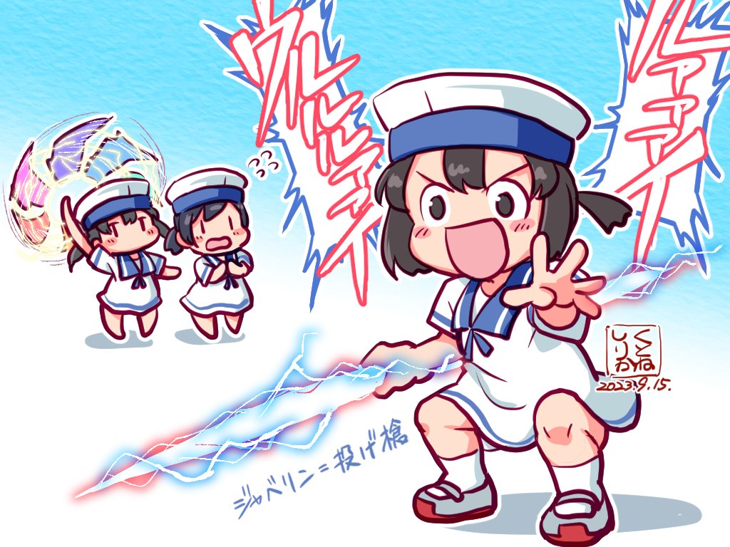 3girls, artist_logo, beam_javelin, black_eyes, black_hair, blue_sailor_collar, blush, bob_cut