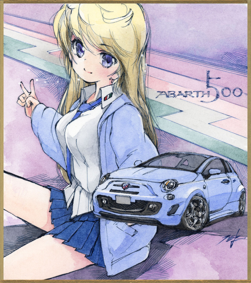 1girl, abarth, between_breasts, blue_hoodie, blue_necktie, blue_skirt, border, breasts, brown_border, car, collared_shirt, artistic_error, fiat_500, fiat_500_abarth, grey_shirt, head_tilt, hi_fumiyo, highres, hood, hood_down, hoodie, italian_flag, long_hair, looking_at_viewer, medium_breasts, motor_vehicle, necktie, necktie_between_breasts, original, personification, pleated_skirt, shadow, shirt, signature, skirt, smile, solo, traditional_media, v, vehicle_and_personification, vehicle_name, very_long_hair