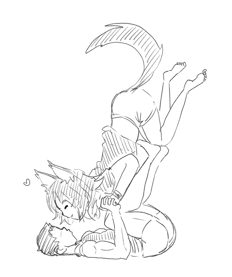 1boy, 1girl, animal_ears, animal_hands, balancing, biceps, claws, dog_bog, dot_nose, exercising, full_body, heart, holding_hands, interlocked_fingers, latenight, monster_girl, monster_musume_no_iru_nichijou, polt, short_shorts, shorts, tank_top, yoga