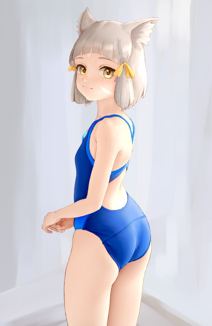 1girl, absurdres, animal_ear_fluff, animal_ears, ass, backless_swimsuit, bare_arms, bare_shoulders, blue_one-piece_swimsuit, brown_eyes, closed_mouth, commentary, eilier_project, english_commentary, grey_hair, hair_ribbon, highres, looking_at_viewer, looking_to_the_side, nia_(xenoblade), one-piece_swimsuit, ribbon, smile, solo, standing, swimsuit, thick_eyebrows, xenoblade_chronicles_(series), xenoblade_chronicles_2, yellow_ribbon