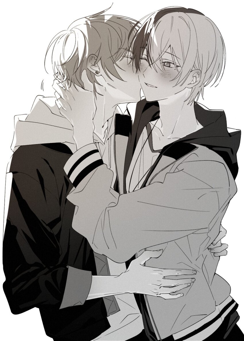 2boys, aoyagi_touya, blush, closed_eyes, commentary, couple, earrings, fingernails, greyscale, hair_between_eyes, hand_on_another's_neck, highres, hood, hood_down, hooded_jacket, jacket, jewelry, kiss, kissing_cheek, long_sleeves, male_focus, mole, mole_under_eye, monochrome, multicolored_hair, multiple_boys, open_clothes, open_jacket, project_sekai, samgak, shinonome_akito, short_hair, three-quarter_sleeves, smile, split-color_hair, untranslatable_commentary, two-tone_hair, upper_body, white_background, yaoi
