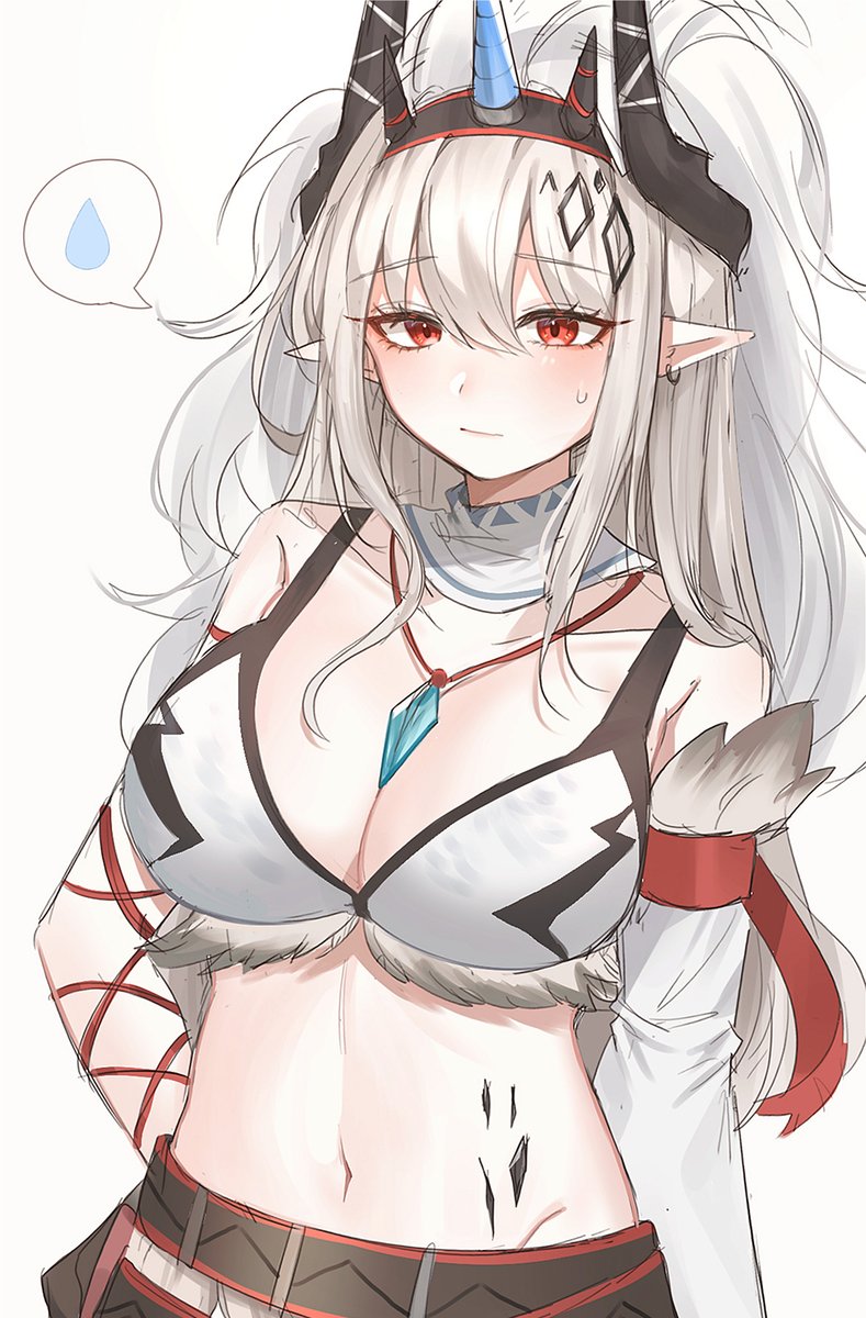 1girl, arknights, bare_shoulders, blush, breasts, cleavage, closed_mouth, commentary_request