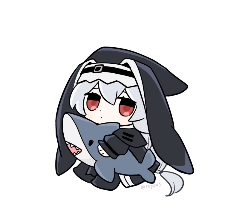 1girl, arknights, black_dress, black_hat, chibi, dress, grey_hair, habit