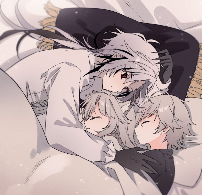 1boy, 2girls, animal_ear_fluff, animal_ears, arlecchino_(genshin_impact), black_hair, black_shirt, blanket