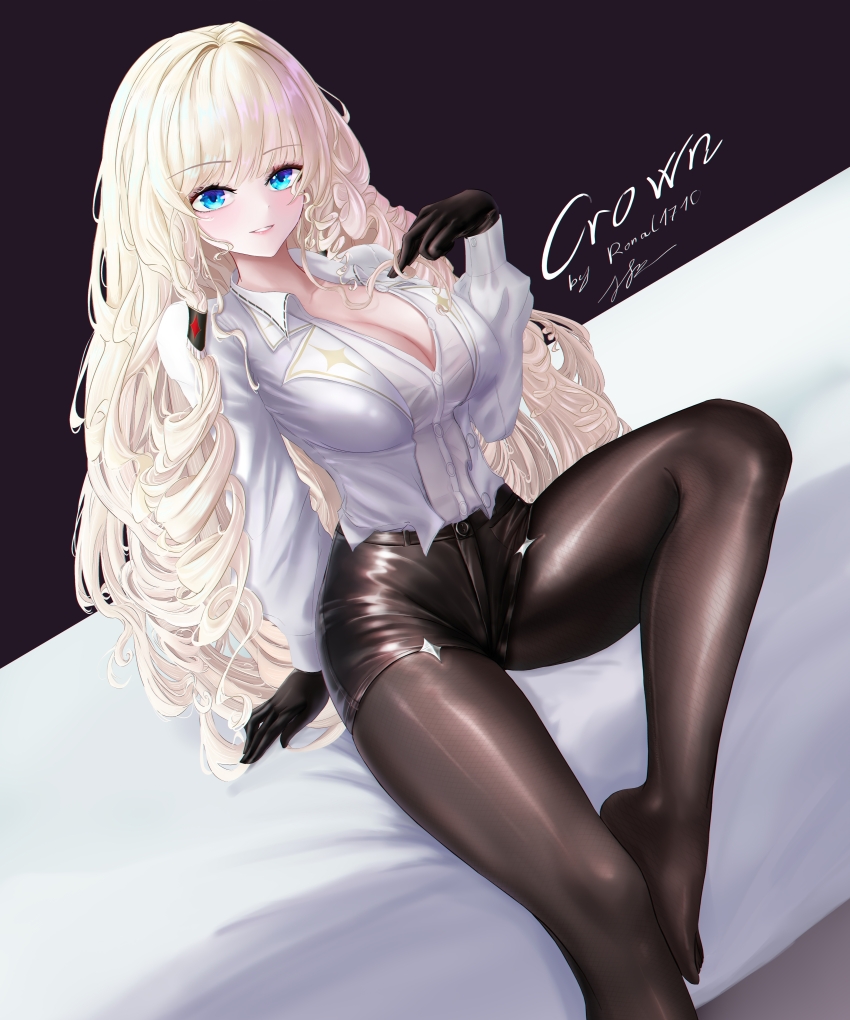 1girl, absurdres, artist_name, black_gloves, black_shorts, blue_eyes, blush, breasts