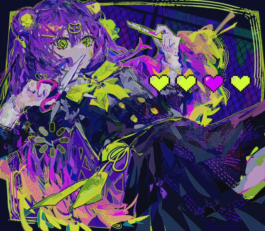 1girl, @_@, arms_up, bandaid, bandaid_on_cheek, bandaid_on_face, bear_hair_ornament, black_border