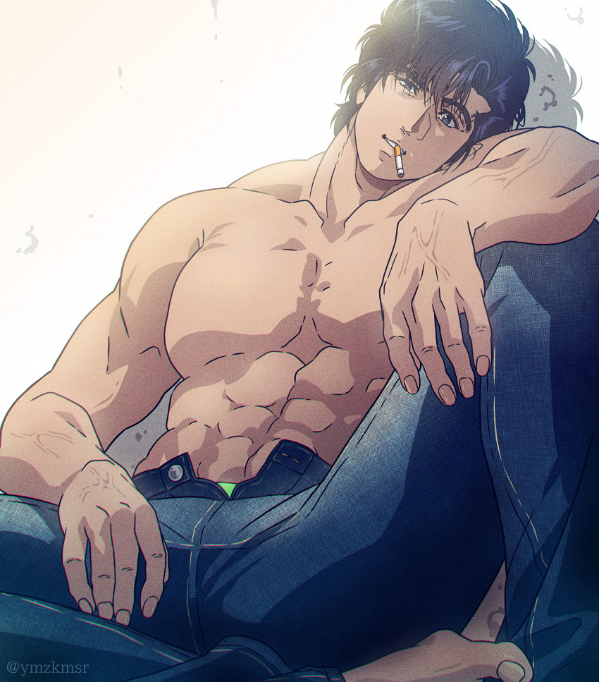 1boy, abs, absurdres, bara, barefoot, black_eyes, black_hair, cigarette