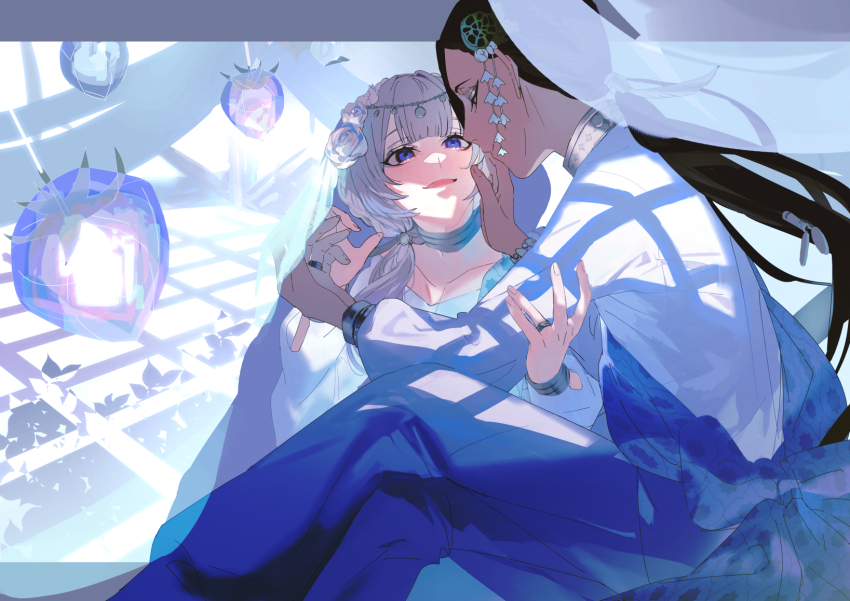 1boy, 1girl, black_hair, blue_eyes, blue_pants, breasts, cleavage, collarbone