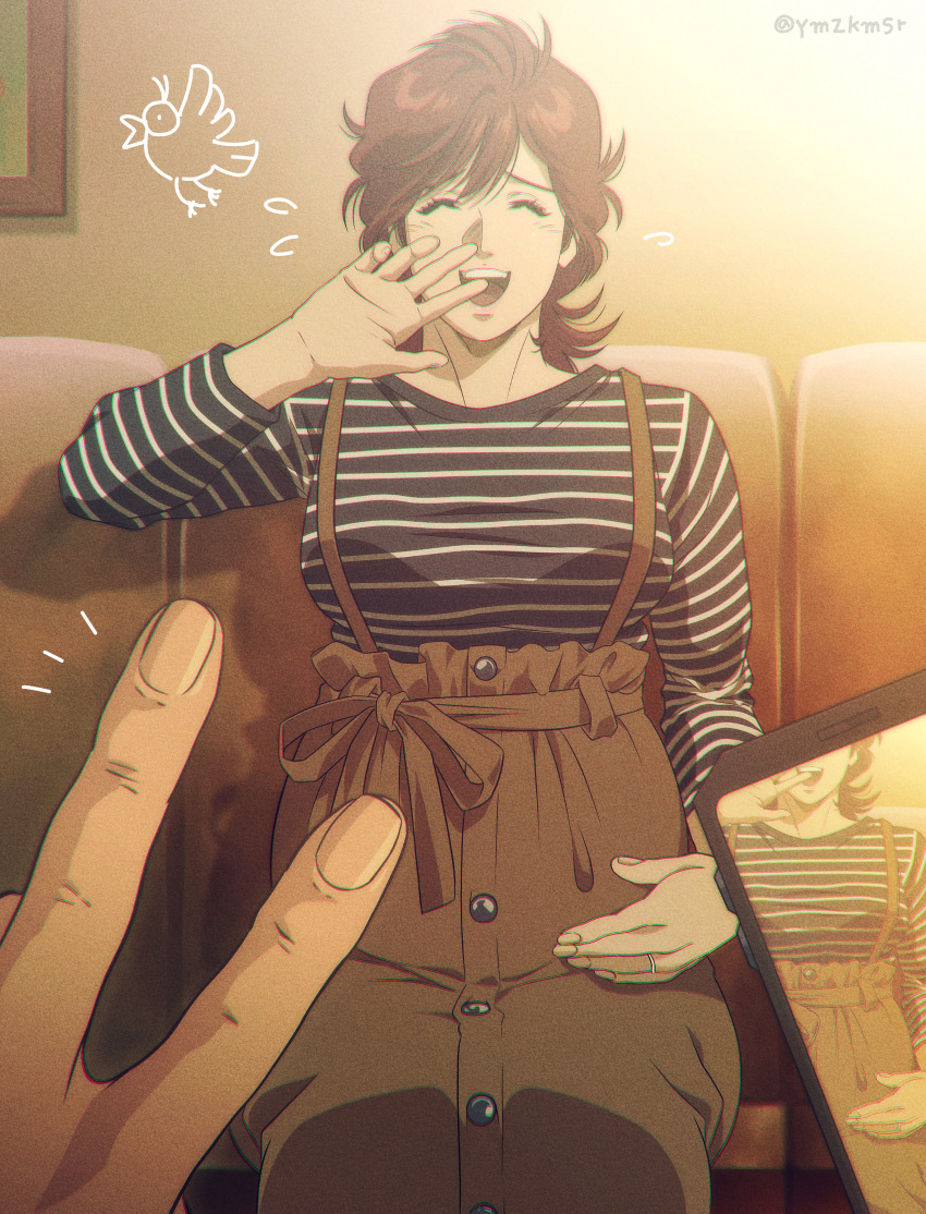 1boy, 1girl, absurdres, brown_hair, brown_skirt, buttons, cellphone, city_hunter