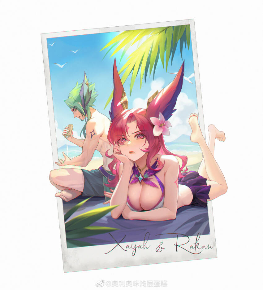 1boy, 1girl, absurdres, alternate_costume, animal_ears, artist_name, asami_okutoshioku, barefoot, beach, bikini, bird, blue_sky, breasts, cleavage, closed_mouth, commentary, dappled_sunlight, facial_hair, fingernails, flower, forehead, full_body, goatee, green_eyes, green_hair, hair_flower, hair_ornament, highres, large_breasts, leaf, league_of_legends, legs, long_hair, looking_at_viewer, lying, muscular, muscular_male, nail_polish, official_alternate_hairstyle, on_back, outdoors, parted_bangs, rakan_(league_of_legends), red_eyes, red_hair, red_nails, redeemed_star_guardian_rakan, redeemed_star_guardian_xayah, shadow, short_hair, sitting, sky, star_guardian_(league_of_legends), summer, sunlight, swimsuit, toes, topless_male, tree, xayah