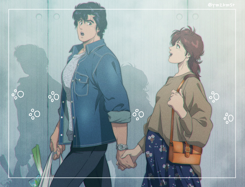 1boy, 1girl, absurdres, bag, black_hair, black_pants, blue_skirt, brown_hair