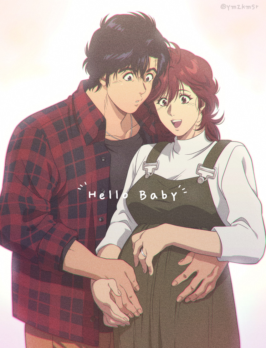 1boy, 1girl, absurdres, black_hair, black_shirt, brown_dress, brown_hair, city_hunter