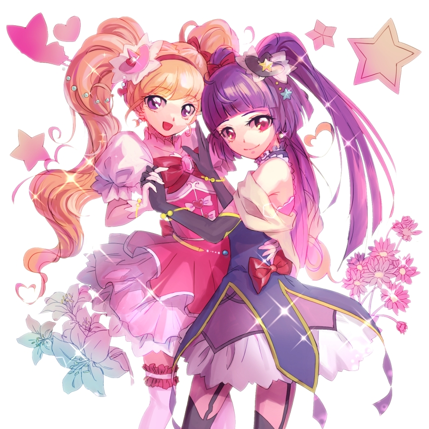 2boys, asahina_mirai, black_gloves, black_thighhighs, bow, closed_mouth, cure_magical, cure_miracle, dress, dress_bow, eyelashes, flower, frilled_thighhighs, frills, gloves, hair_bow, hair_ornament, hat, highres, holding_hands, izayoi_liko, kuroha_dayo, long_hair, mahou_girls_precure!, mini_hat, mini_witch_hat, multiple_boys, open_mouth, pink_dress, pink_eyes, precure, purple_dress, purple_eyes, purple_hair, red_bow, simple_background, smile, star_(symbol), star_hair_ornament, tailcoat, thighhighs, twintails, very_long_hair, white_background, white_gloves, white_thighhighs, witch_hat