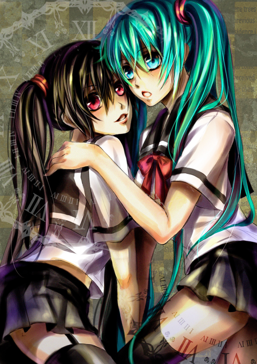 2girls, 321wei, absurdres, alternate_color, aqua_eyes, aqua_hair, bad_id, bad_pixiv_id, black_hair, dual_persona, garter_straps, hatsune_miku, highres, long_hair, multiple_girls, red_eyes, school_uniform, serafuku, skirt, thighhighs, twintails, very_long_hair, vocaloid, zatsune_miku