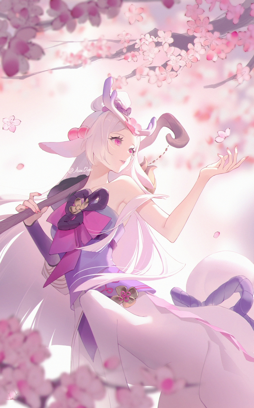1girl, absurdres, animal_ears, artist_name, asami_okutoshioku, branch, cherry_blossoms, chinese_commentary