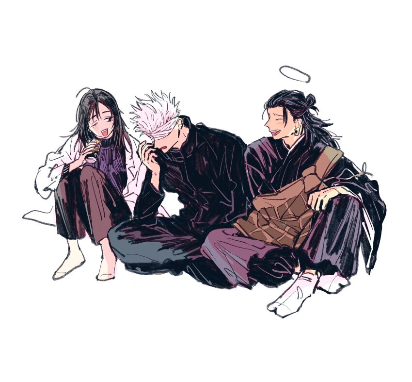 1girl, 2boys, bandages, bandages_over_eyes, black_eyes, black_hair, black_jacket, black_kimono