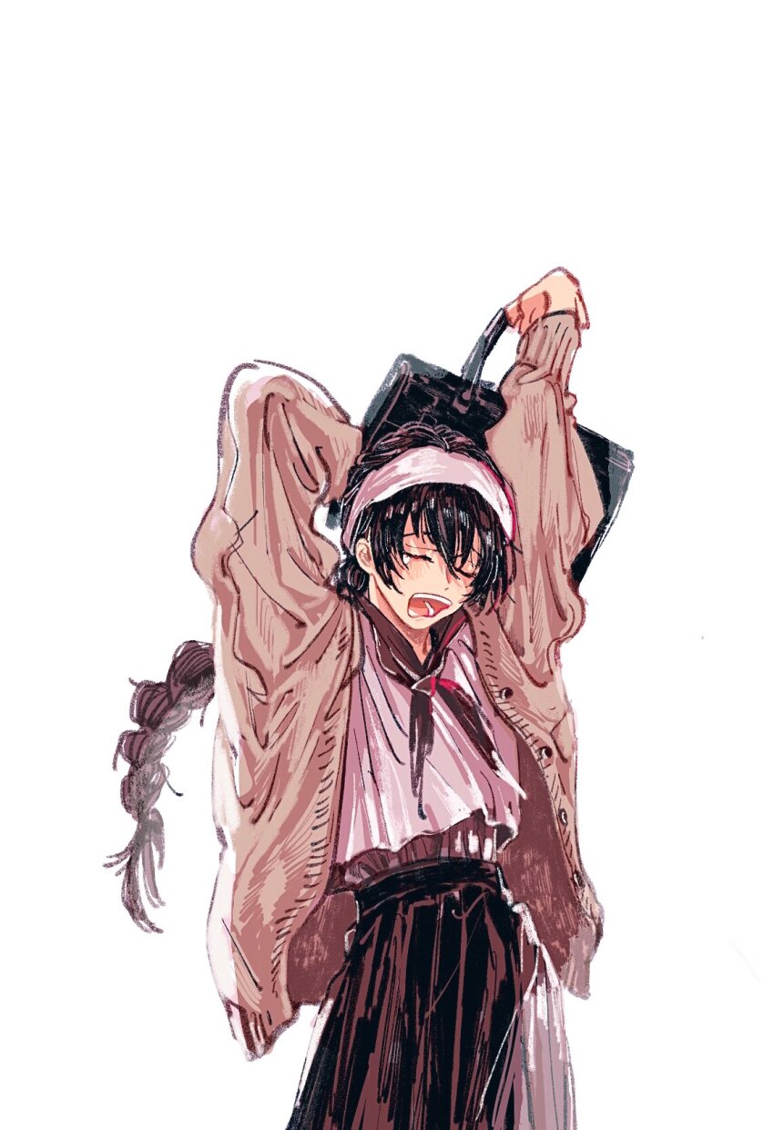 1girl, amanai_riko, arms_up, bag, black_hair, black_sailor_collar, black_skirt, braid, brown_cardigan, cardigan, closed_eyes, cowboy_shot, hairband, highres, holding, holding_bag, jujutsu_kaisen, long_hair, long_sleeves, neuchimonai, open_mouth, sailor_collar, school_bag, school_uniform, serafuku, simple_background, single_braid, skirt, solo, standing, white_background, white_hairband, yawning