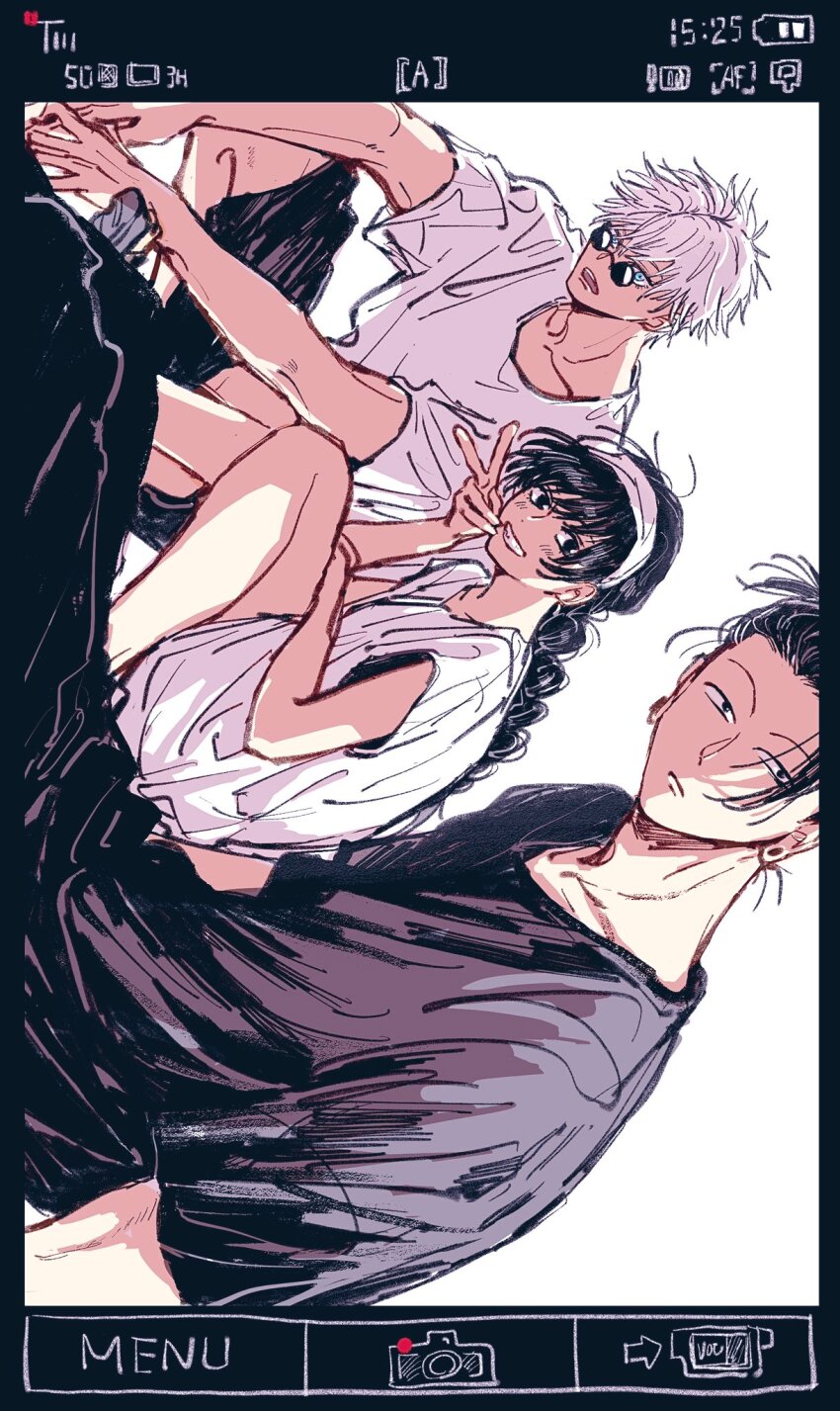 1girl, 2boys, amanai_riko, black_eyes, black_hair, black_pants, black_shirt, black_shorts