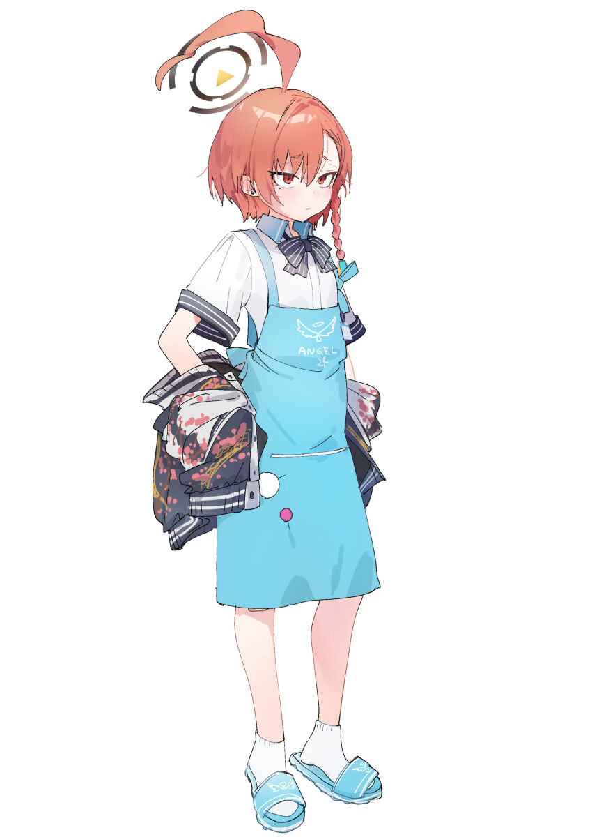 1girl, absurdres, ahoge, apron, black_bow, black_bowtie, black_halo, blue_apron