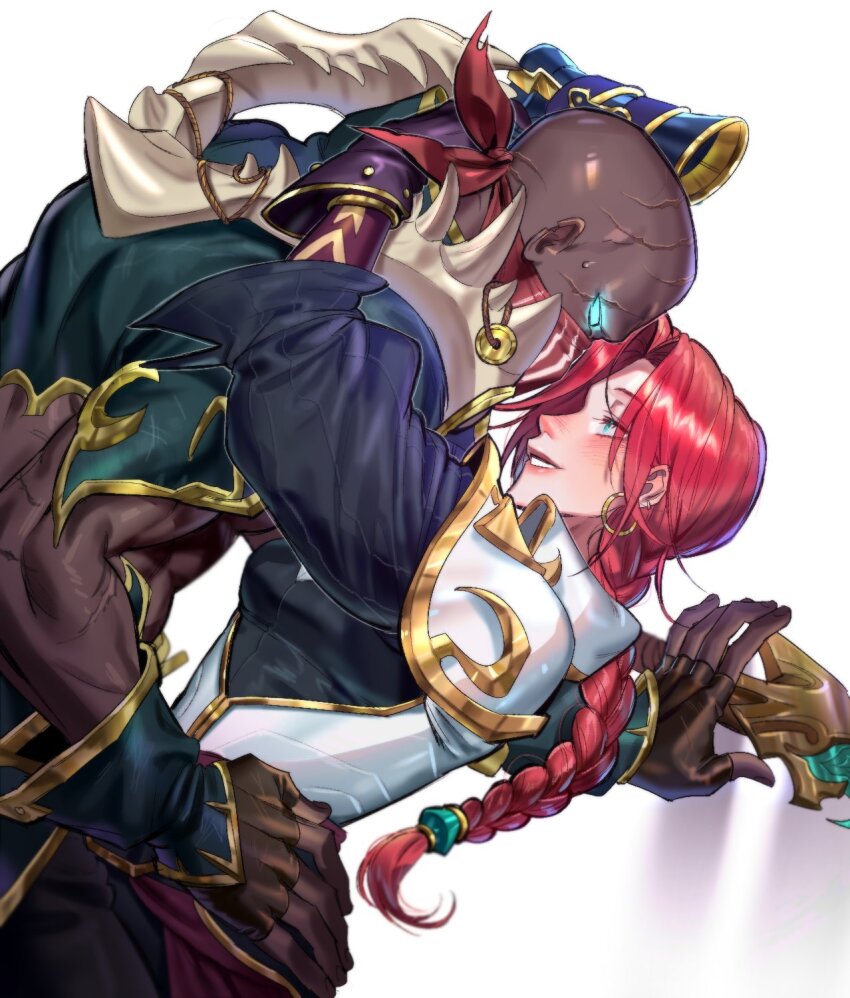 1boy, 1girl, abs, arm_around_neck, bald, black_gloves, blush, braid