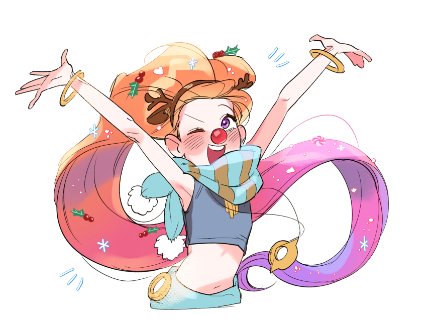 1girl, ;d, animal_ears, antlers, armpits, arms_up, blush, brown_hair, cropped_torso, deer_ears, fake_animal_ears, fake_antlers, highres, horns, league_of_legends, midriff, multicolored_hair, myobi_(f0r_l0l), navel, one_eye_closed, open_mouth, pink_hair, purple_eyes, red_hair, red_nose, reindeer_antlers, scarf, smile, solo, stomach, striped_clothes, striped_scarf, teeth, upper_teeth_only, zoe_(league_of_legends)