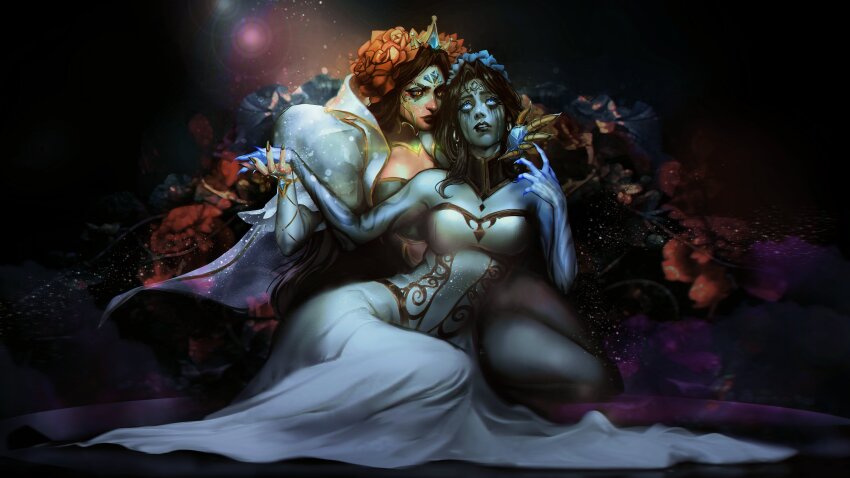 2girls, absurdres, black_hair, black_lips, black_nails, blue_eyes, blue_nails, blue_sky