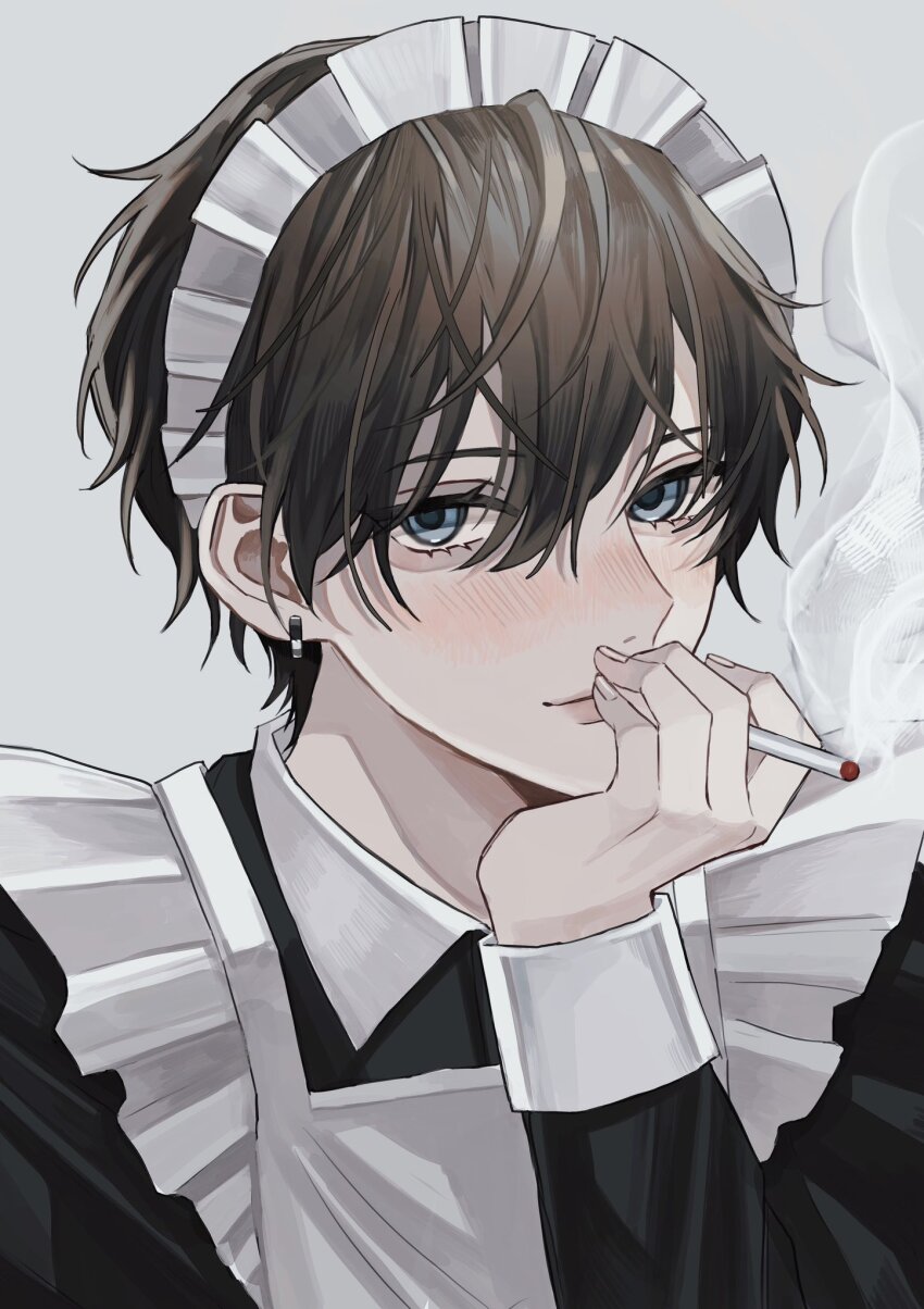 1boy, apron, blue_eyes, blush, brown_hair, cigarette, crossdressing, crossdressing_(mtf)