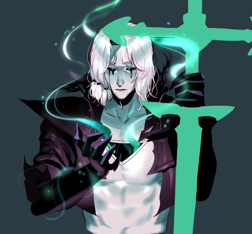 1boy, black_jacket, black_sclera, collarbone, colored_sclera, cropped_jacket, gauntlets, green_eyes