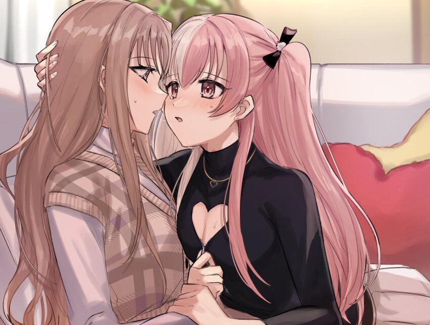 2girls, aoki_shizumi, blush, breasts, brown_eyes, brown_hair, cleavage, cleavage_cutout, clothing_cutout, couch, d4dj, grey_hair, hair_between_eyes, highres, holding_hands, jewelry, kiss, light_brown_hair, living_room, long_hair, medium_breasts, multicolored_hair, multiple_girls, necklace, plant, saliva, saliva_trail, shinomiya_kokoa, skirt, sweat, sweatdrop, sweater, tendou_hayate, two-tone_hair, yuri, zipper