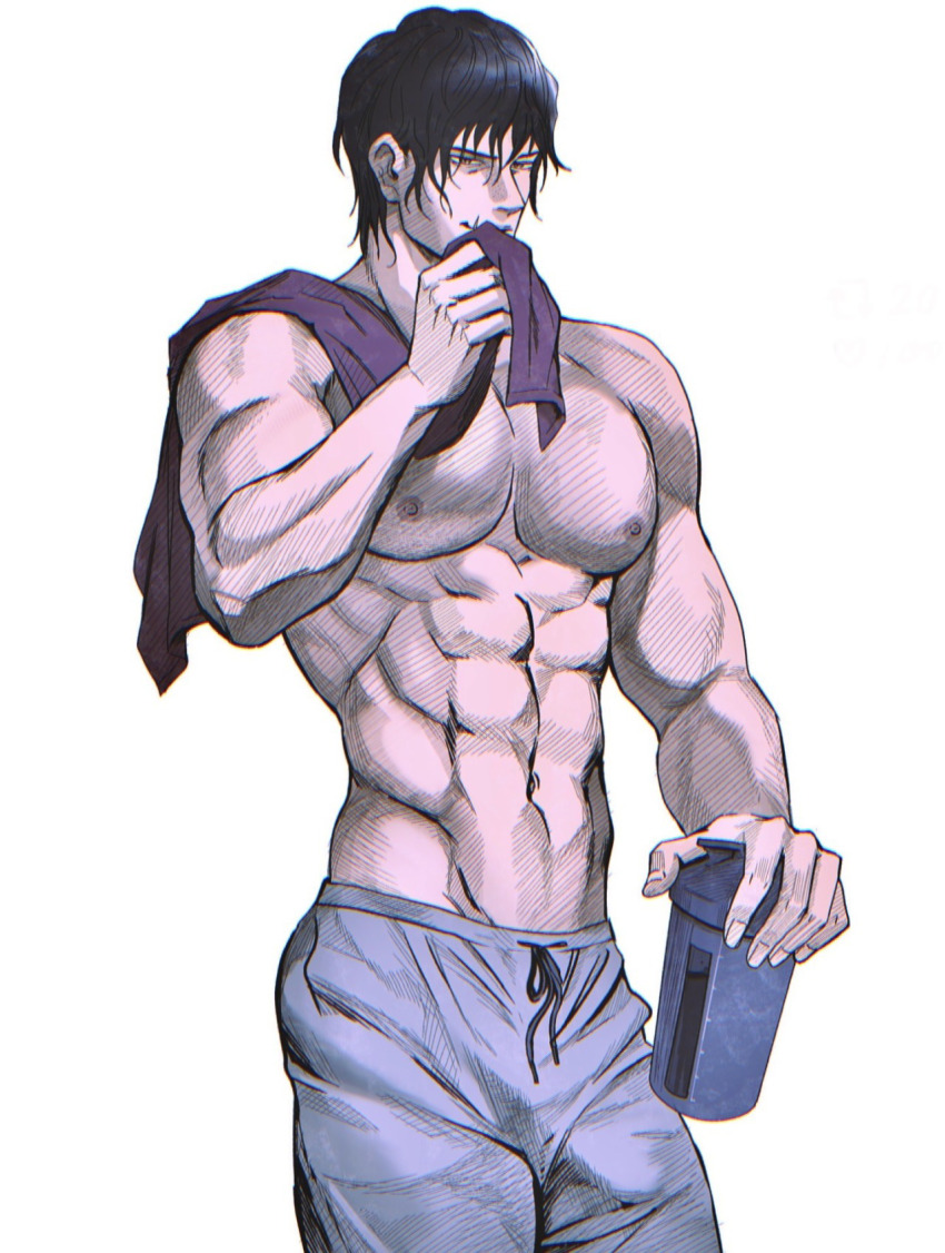 1boy, abs, adrienwithane_(ap00c), bara, black_hair, feet_out_of_frame, fushiguro_toji, hair_between_eyes, highres, jujutsu_kaisen, large_pectorals, male_focus, mature_male, muscular, muscular_male, navel, nipples, pants, pectorals, sanpaku, scar, scar_on_face, scar_on_mouth, shirt, short_hair, solo, standing, track_pants, v-taper, wet, wet_clothes, wet_shirt, wiping_mouth