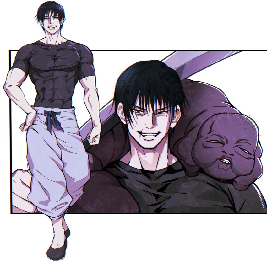 1boy, adrienwithane_(ap00c), baggy_pants, bara, black_hair, contrapposto, covered_abs, covered_erect_nipples, covered_navel, full_body, fushiguro_toji, grin, hair_between_eyes, highres, jujutsu_kaisen, large_pectorals, looking_at_viewer, male_focus, mature_male, muscular, muscular_male, over_shoulder, pants, pectorals, projected_inset, sanpaku, scar, scar_on_face, scar_on_mouth, shirt, short_hair, smile, spirit, sword, sword_over_shoulder, taut_clothes, taut_shirt, weapon, weapon_over_shoulder