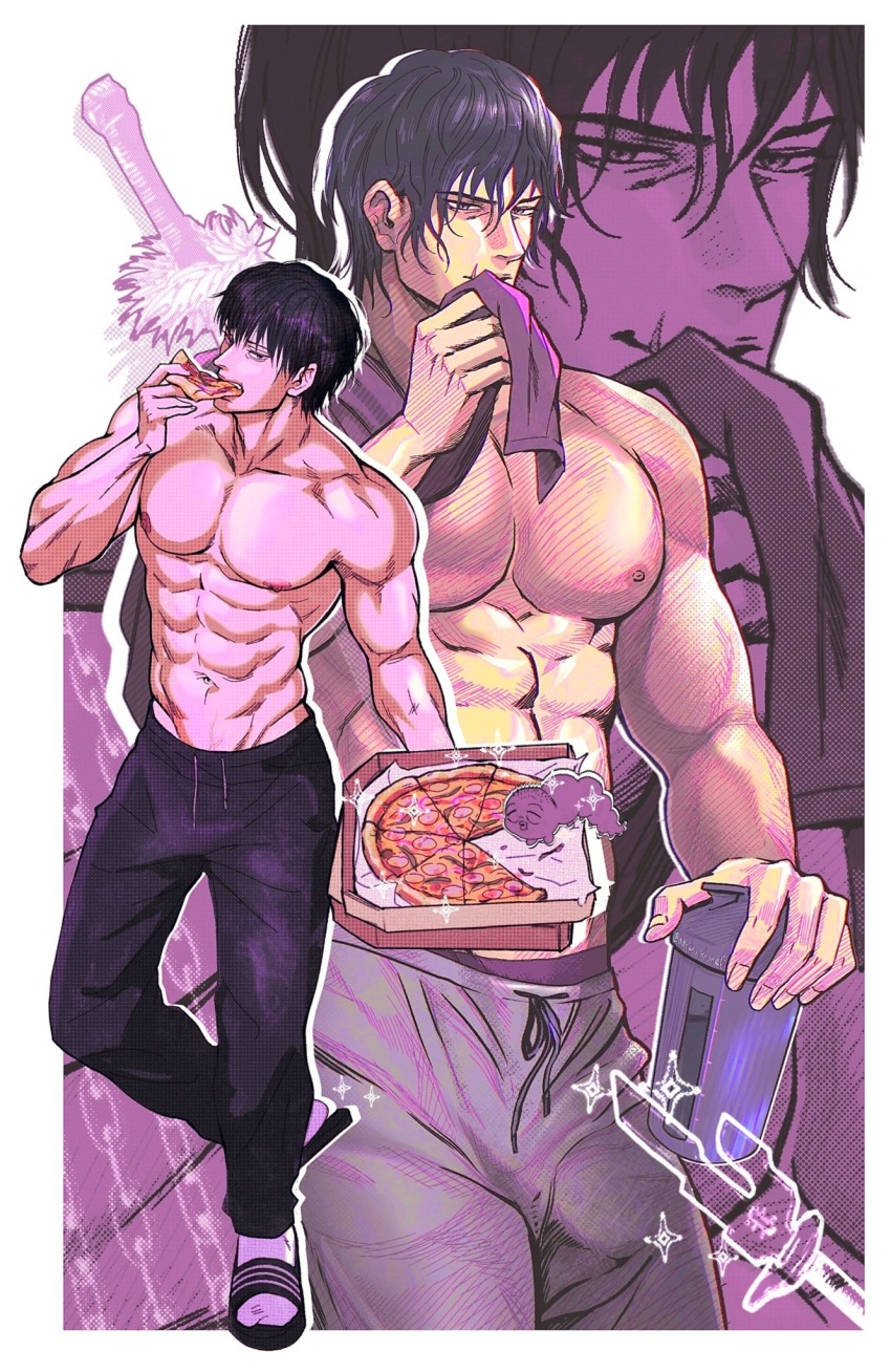 1boy, abs, adrienwithane_(ap00c), alternate_costume, bara, black_hair, collage, eating, food, fushiguro_toji, hair_between_eyes, highres, jujutsu_kaisen, looking_at_viewer, male_focus, muscular, muscular_male, navel, nipples, pants, pizza, projected_inset, sanpaku, scar, scar_on_face, scar_on_mouth, short_hair, slippers, socks, stomach, topless_male, track_pants, wiping_mouth
