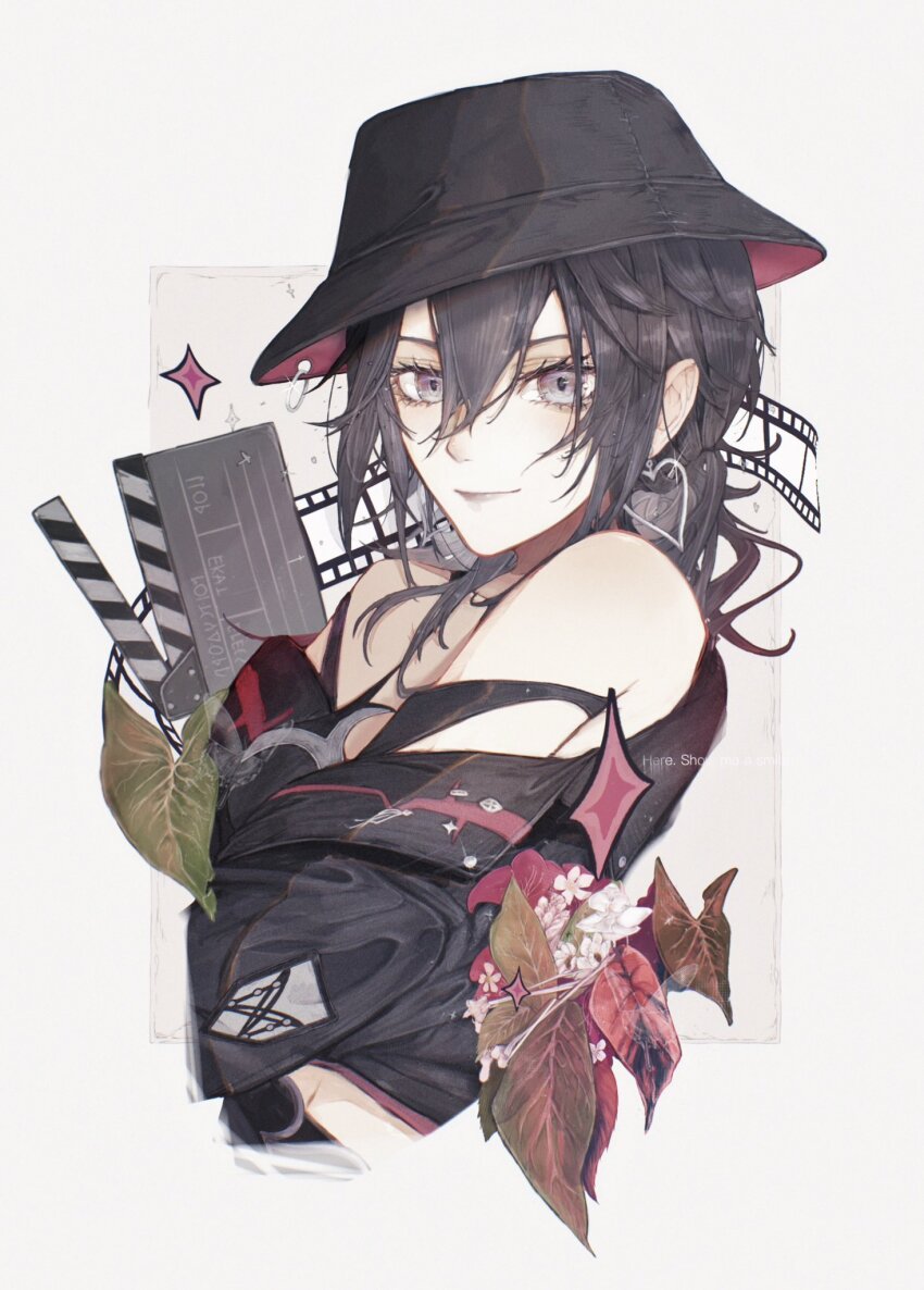 1girl, artist_name, bare_shoulders, black_hair, black_headwear, black_jacket, chironoliver, closed_mouth