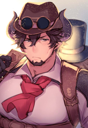2boys, ascot, bara, barawa, black_hair, card, chat_noir_(granblue_fantasy), closed_mouth