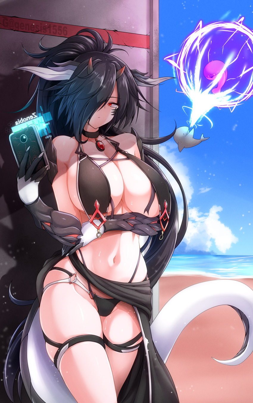 1girl, absurdres, bare_shoulders, bikini, black_bikini, black_choker, black_hair, blue_background, breasts, cellphone, choker, commentary_request, cowboy_shot, dragon_girl, g_(genesis1556), hair_over_one_eye, hand_up, highres, holding, holding_phone, horns, large_breasts, long_hair, mia_(g_(genesis1556)), monster_girl, navel, original, phone, red_eyes, smartphone, solo, standing, stomach, swimsuit, tail, thigh_strap, thighs, very_long_hair
