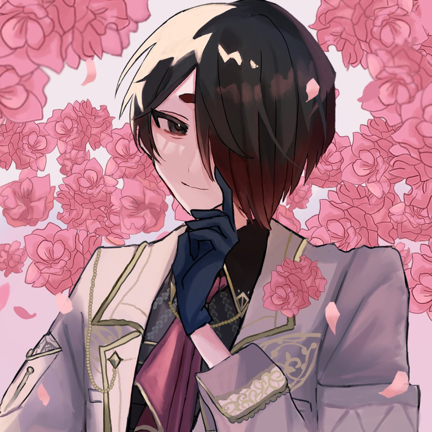 1boy, akuma_shitsuji_to_kuroi_neko, ascot, black_gloves, black_hair, black_shirt, brown_eyes, closed_mouth