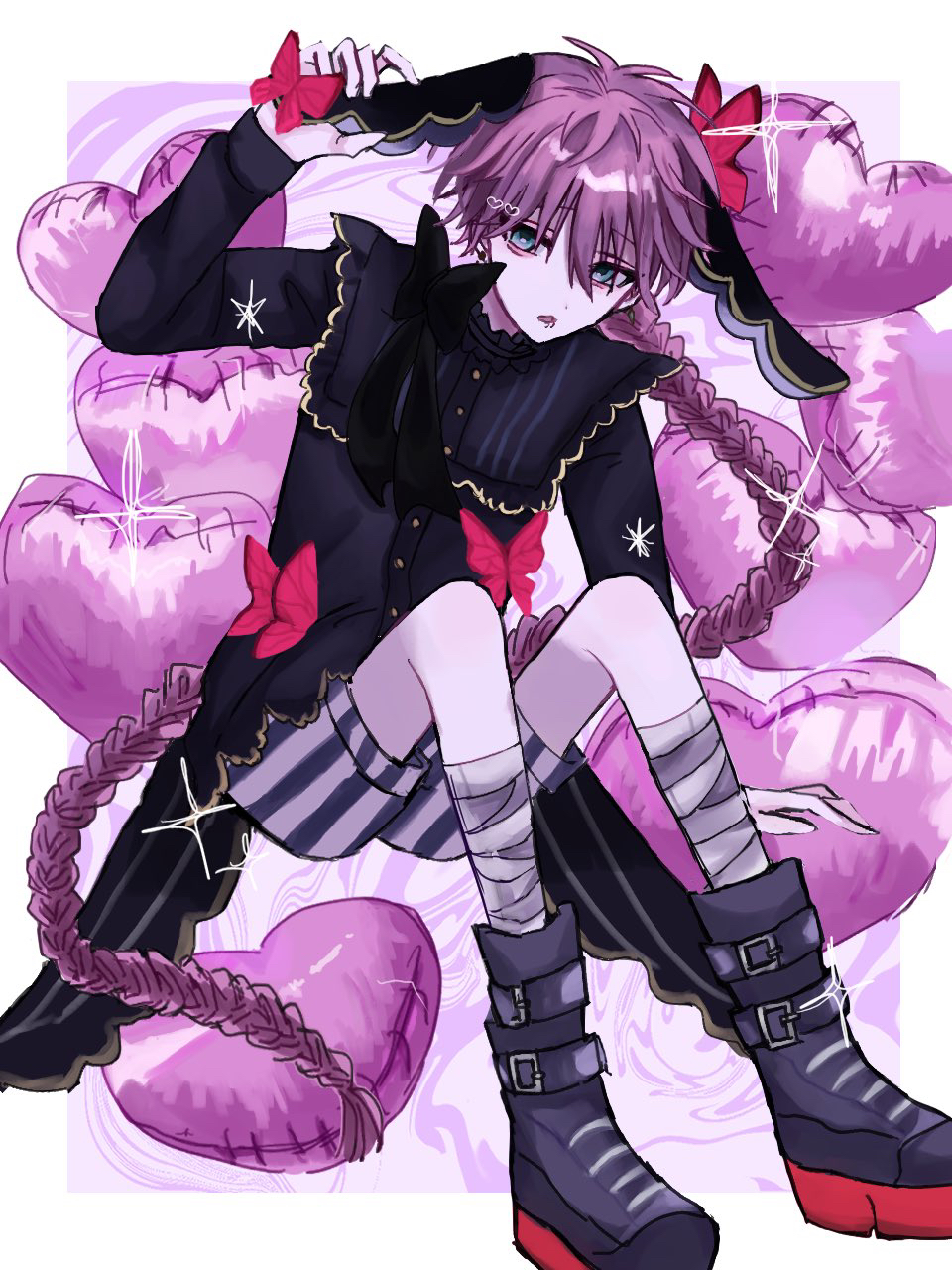 1boy, akuma_shitsuji_to_kuroi_neko, androgynous, animal_ears, aqua_eyes, balloon, bandaged_leg, bandages, blue_shirt, blue_shorts, border, braid, bug, butterfly, face_piercing, fake_animal_ears, heart_balloon, highres, insect, lato_bacca, lip_piercing, long_hair, long_sleeves, looking_at_viewer, male_focus, multicolored_shirt, open_mouth, piercing, pink_butterfly, pink_hair, purple_background, rabbit_ears, rei0x0_xxx, shirt, shorts, solo, striped_clothes, striped_shorts, white_border, white_shorts