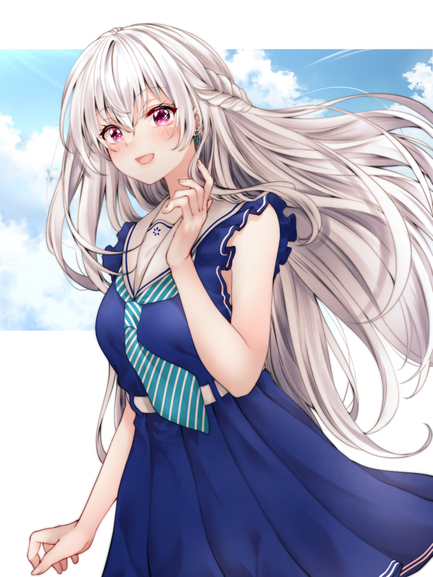 1girl, bare_arms, belt, berkut_(girly_air_force), blue_dress, blue_necktie, blush, border