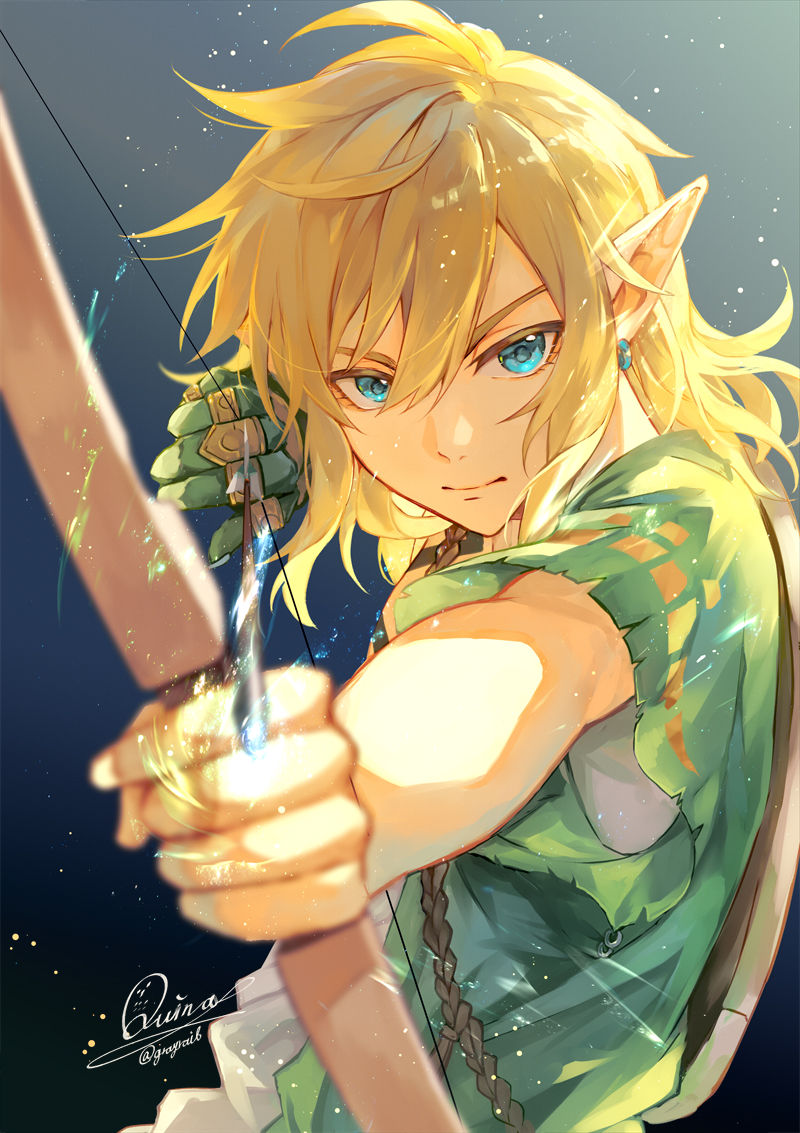 aqua_eyes, archaic_set_(zelda), blonde_hair, bow_(weapon), earrings, green_tunic, hair_between_eyes, jewelry