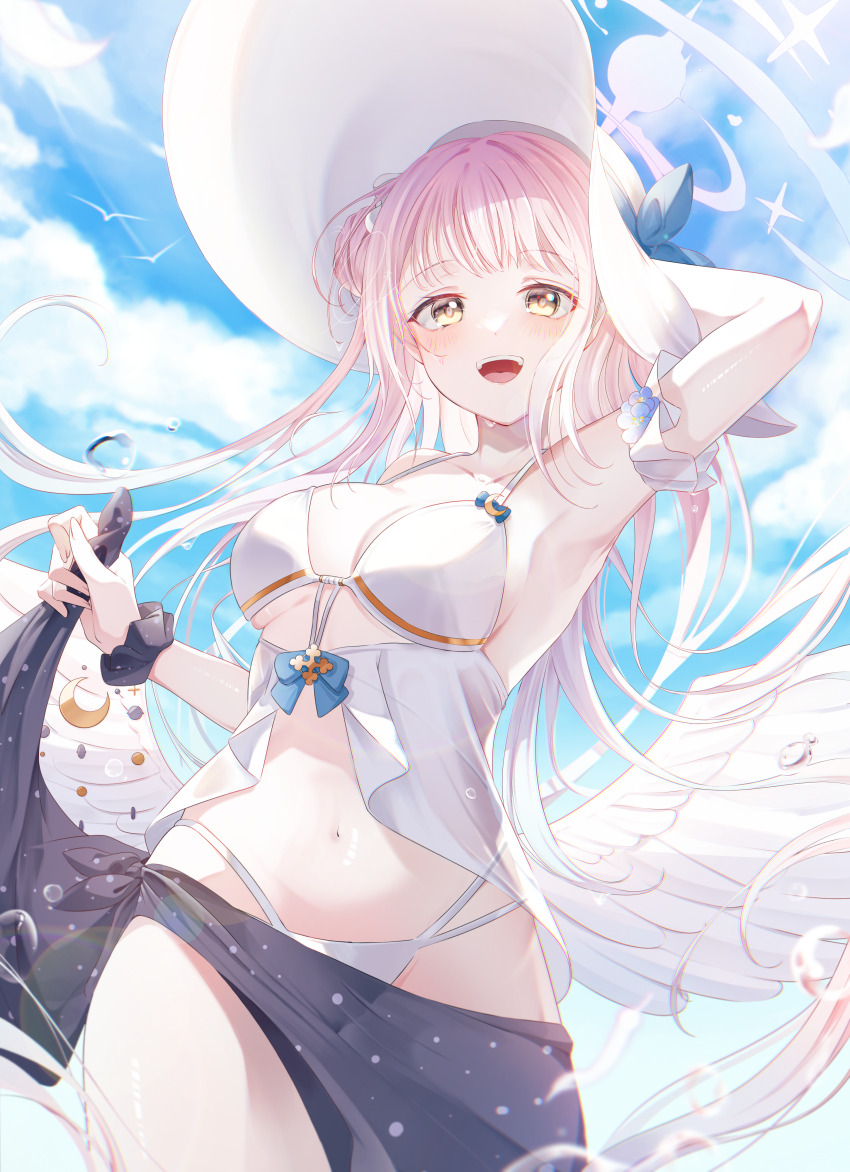 1girl, :d, absurdres, adjusting_clothes, adjusting_headwear, alternate_costume, angel_wings, arm_behind_head