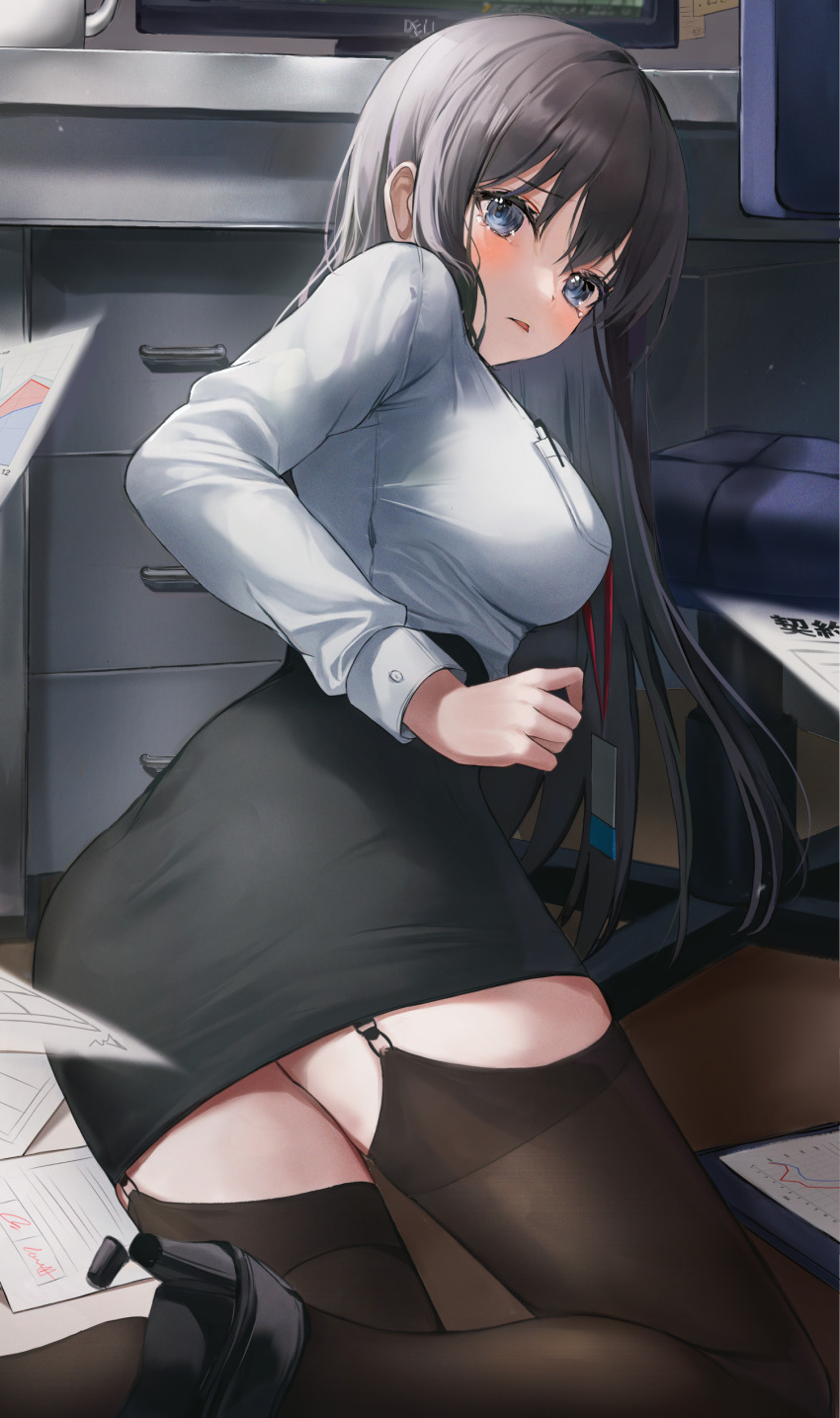 1girl, absurdres, black_shoes, black_skirt, black_thighhighs, blue_eyes, blush, cabinet