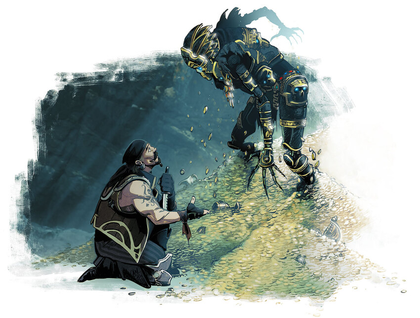 2boys, apex_legends, bandana, beard, black_bandana, black_gloves, blue_eyes, cam_(g0rlassar), chalice, coin, commentary, cup, english_commentary, facial_hair, fingerless_gloves, fuse_(apex_legends), gloves, glowing, glowing_eyes, holding, holding_knife, humanoid_robot, knife, male_focus, multiple_boys, mustache, official_alternate_costume, open_hands, relic_of_death_revenant, revenant_(apex_legends), robot, skallywag_fuse, treasure