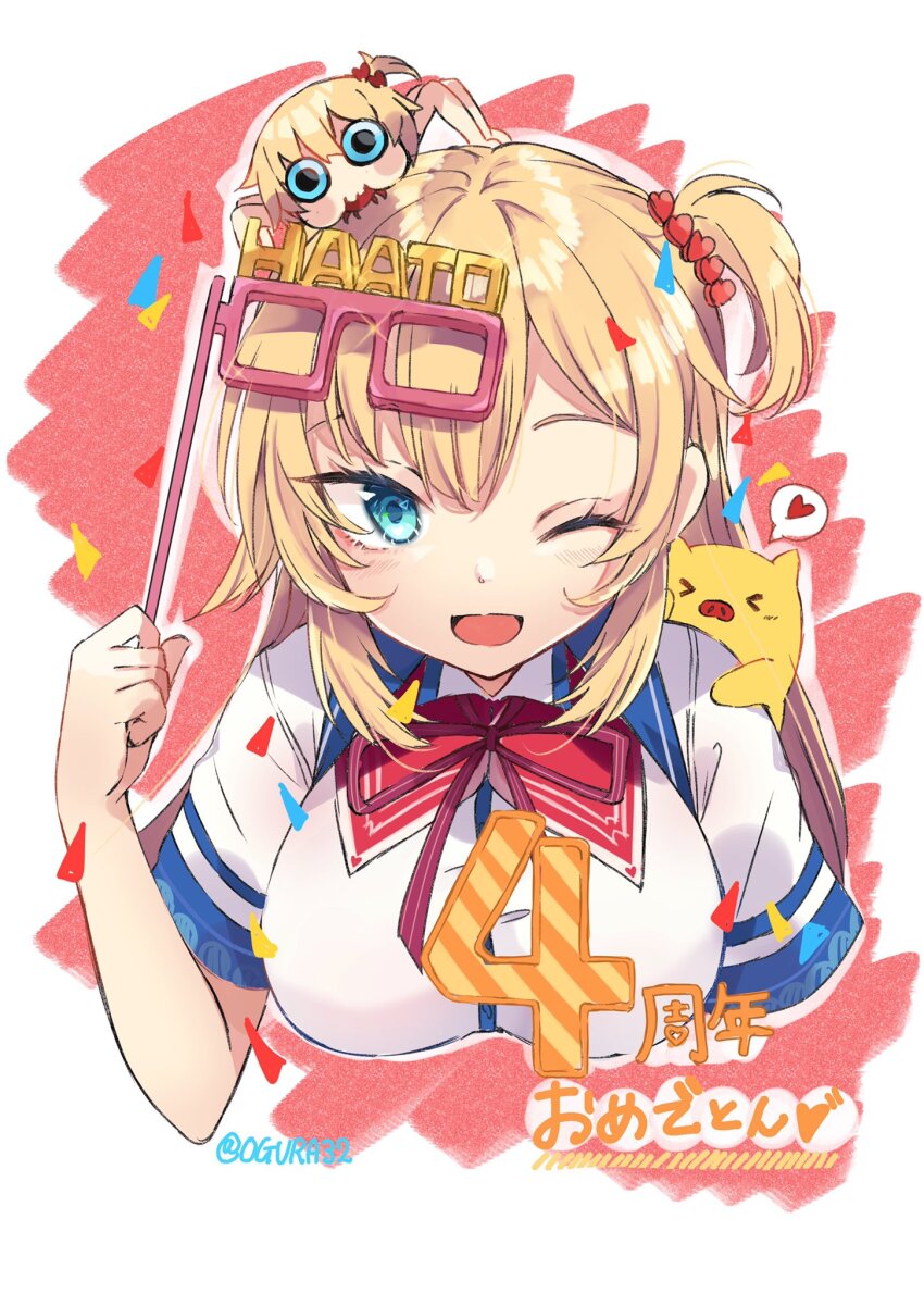 1girl, akai_haato, akai_haato_(1st_costume), aqua_eyes, blonde_hair, collared_shirt, haaton_(akai_haato), hair_ornament